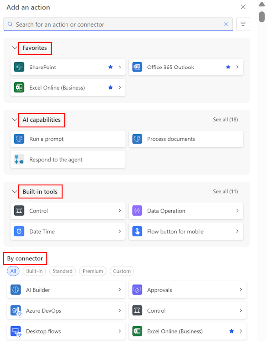 Screenshot of the 'Add an action' pane.