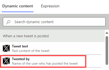 Screenshot of adding the Tweeted by dynamic content.