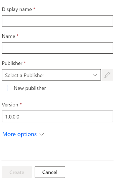 new solution properties screen Screenshot displays the new solution screen.
