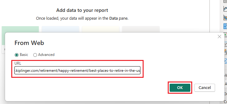 Screenshot that shows providing the data source URL.