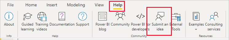 Screenshot of the Submit an idea menu item in Power BI Desktop.