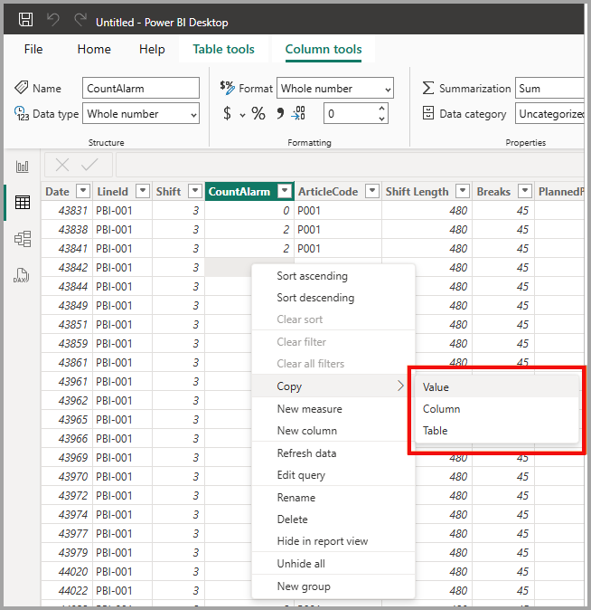 Screenshot of copy table elements menu.