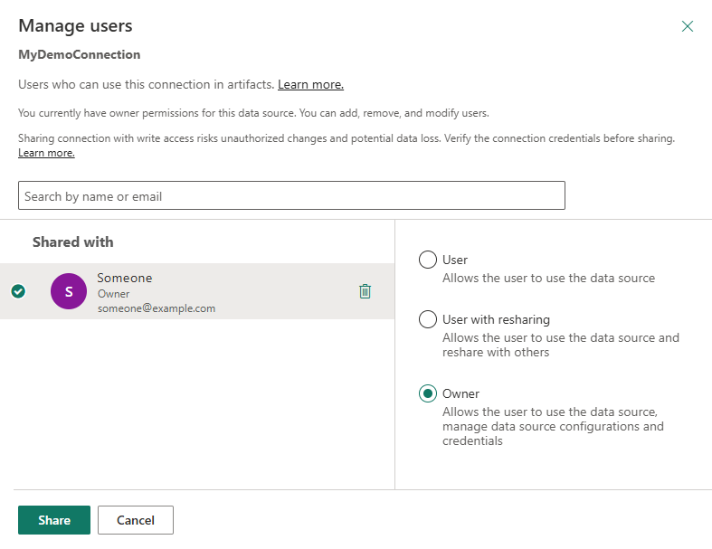 Screenshot of the Manage users dialog that shows a search box and a Shared with list. Available permissions are User, User with resharing, and Owner.