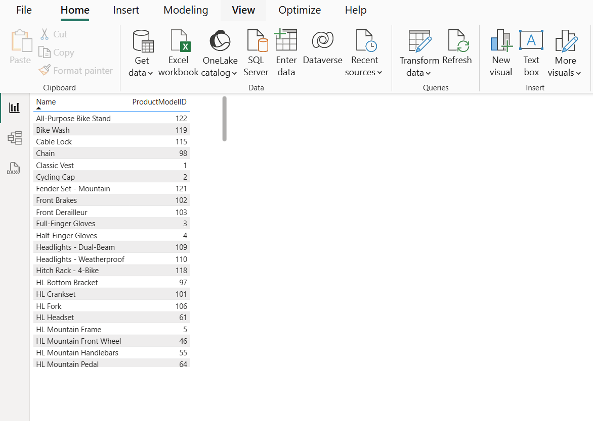 Screenshot that shows the Power BI report with one table added to it.