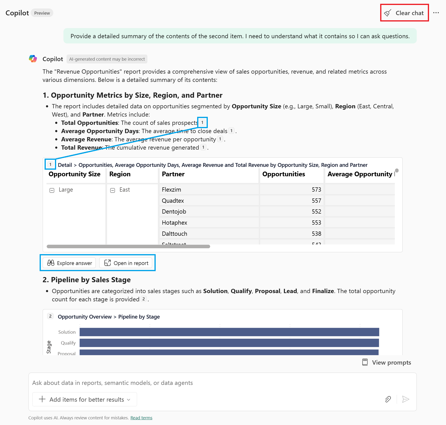 Screenshot of the Copilot returned summary and how to clear chat.