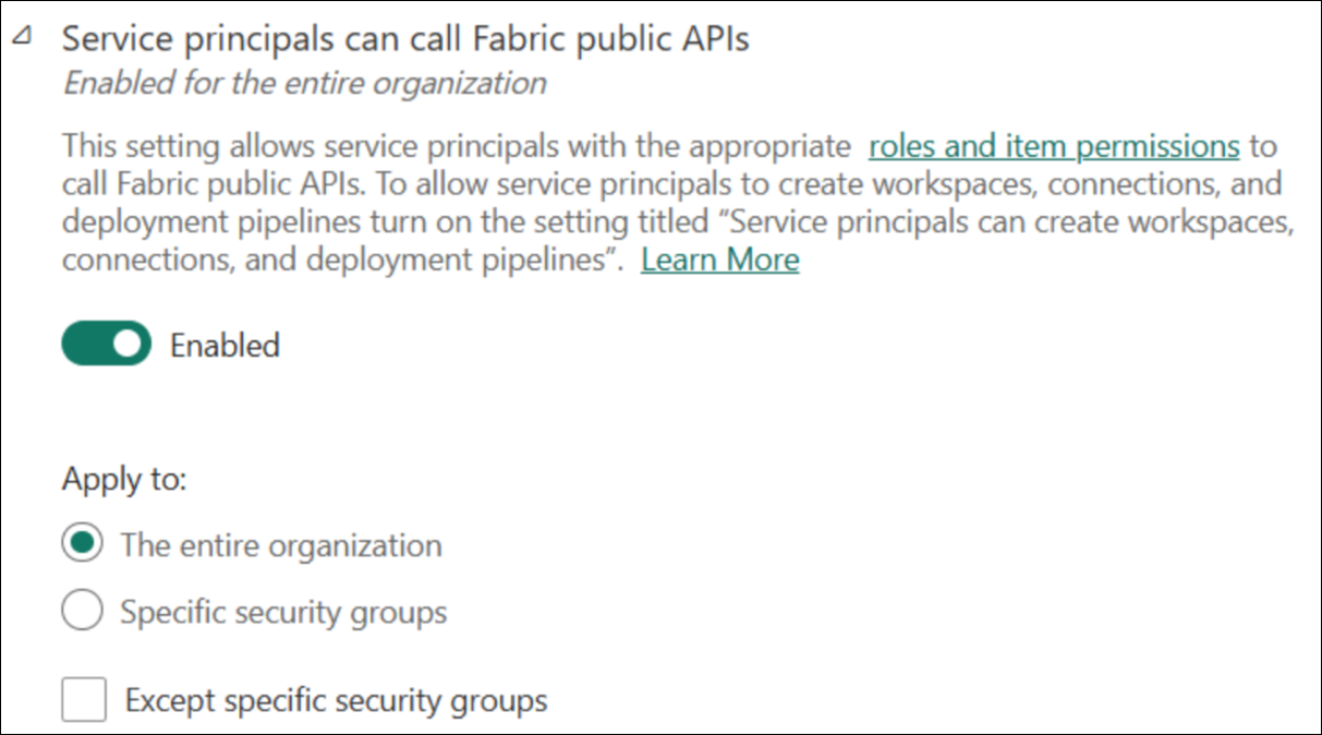 Screenshot of the Developer settings section. The option for allowing service principals to use Power BI APIs is turned on for one security group.