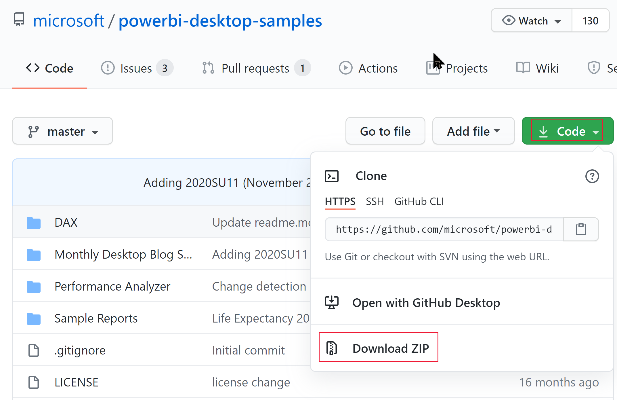 Screenshot of the ZIP download option in the Power BI desktop samples GitHub.