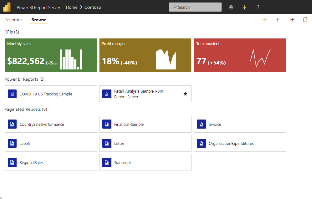 Screenshot of the Power BI Report Server web portal.
