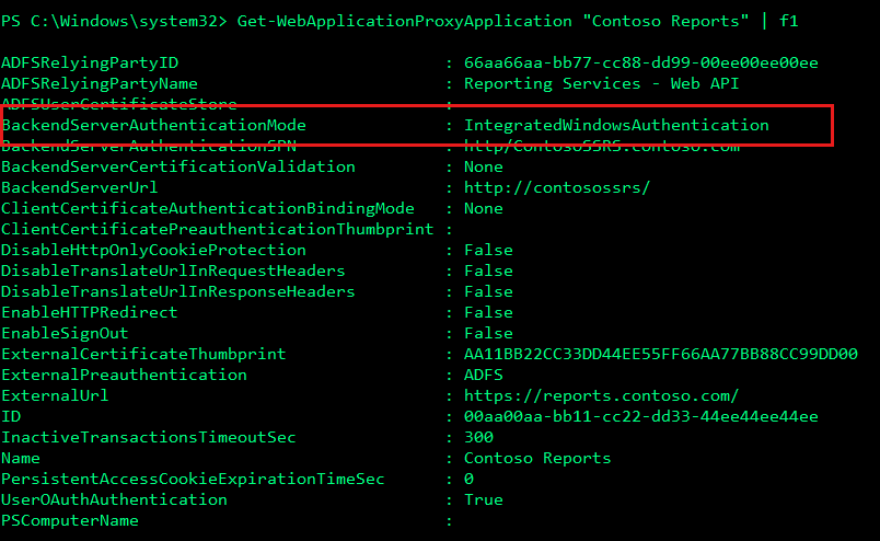 Screenshot showing how to set the backend server authentication mode using the ID of the WAP application.