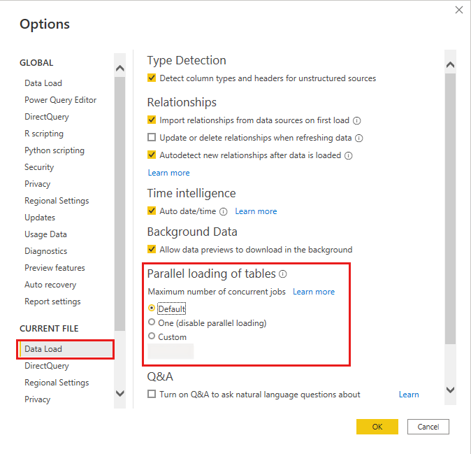 Screenshot of the changing maximum number of concurrent jobs data loading parallelization settings in Power BI Desktop.