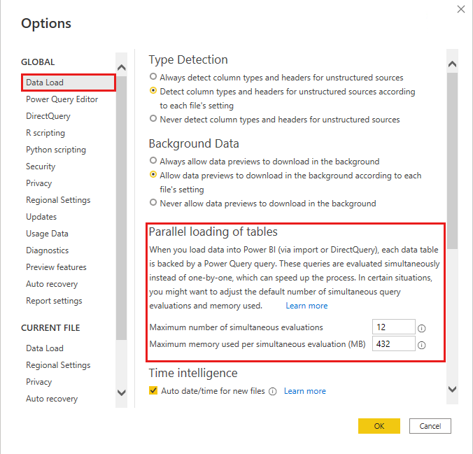 Screenshot of changing data loading parallelization settings in Power BI Desktop.
