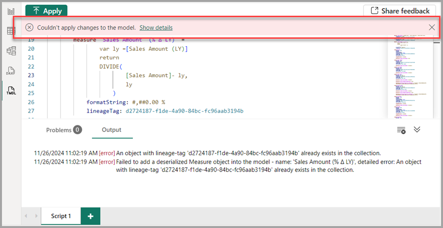 Screenshot of failure banner in the code editor indicating changes weren't successful.