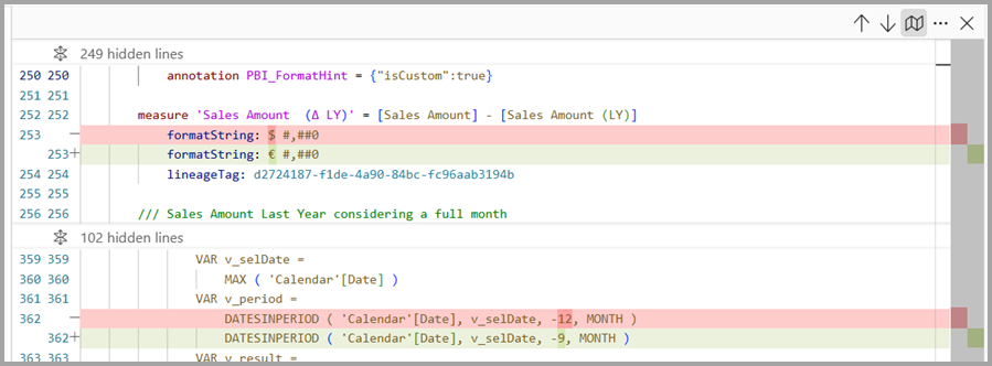 Screenshot of red and green highlights for pending script changes.