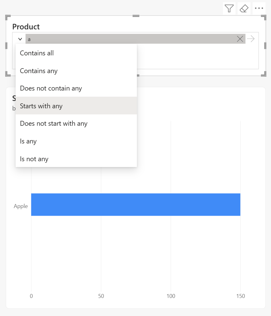 Screenshot showing the filter operator dropdown with options like Contains all, Contains any, and Starts with any.