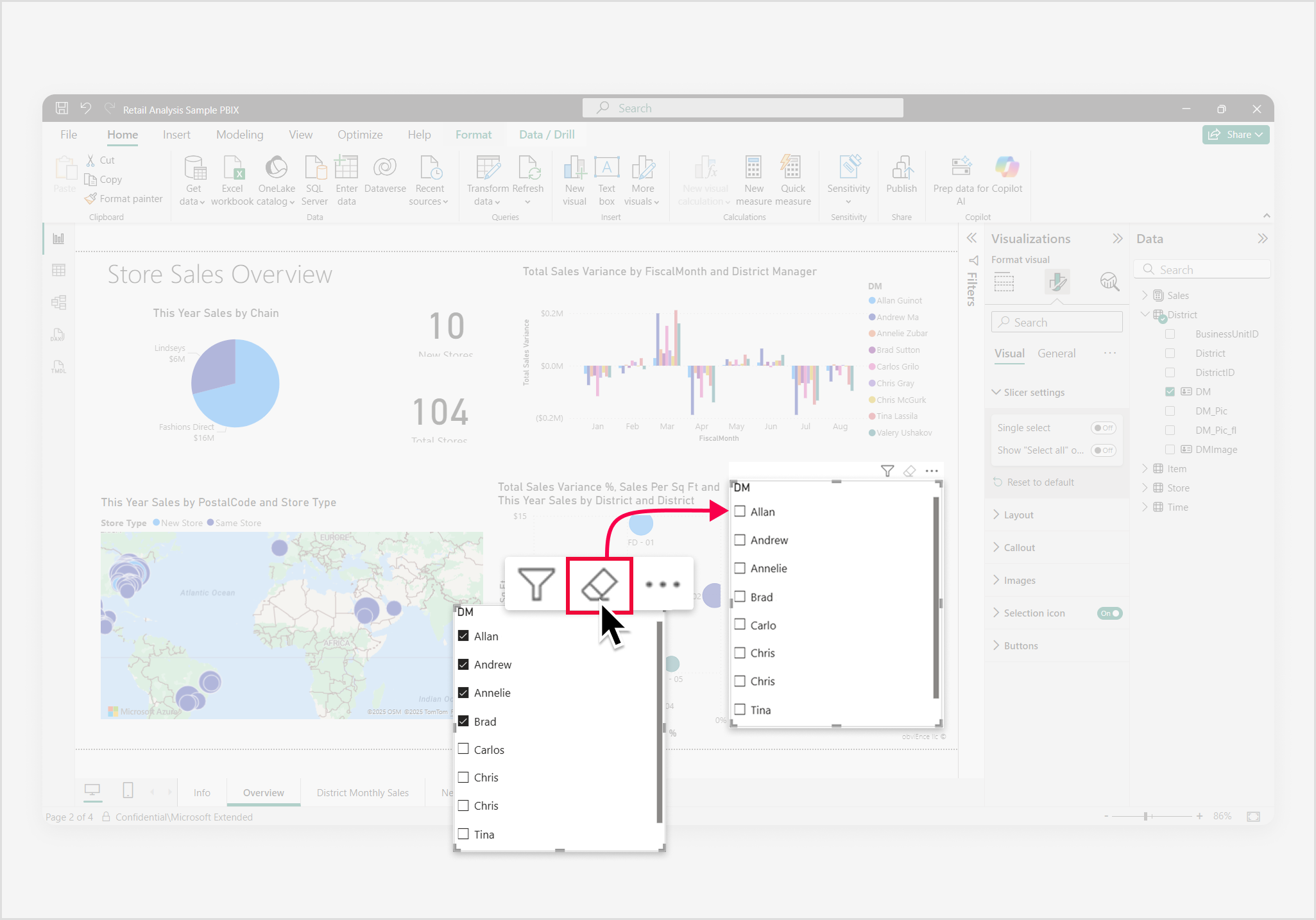 Screenshot of list slicer with eraser icon highlighted and all selections cleared.
