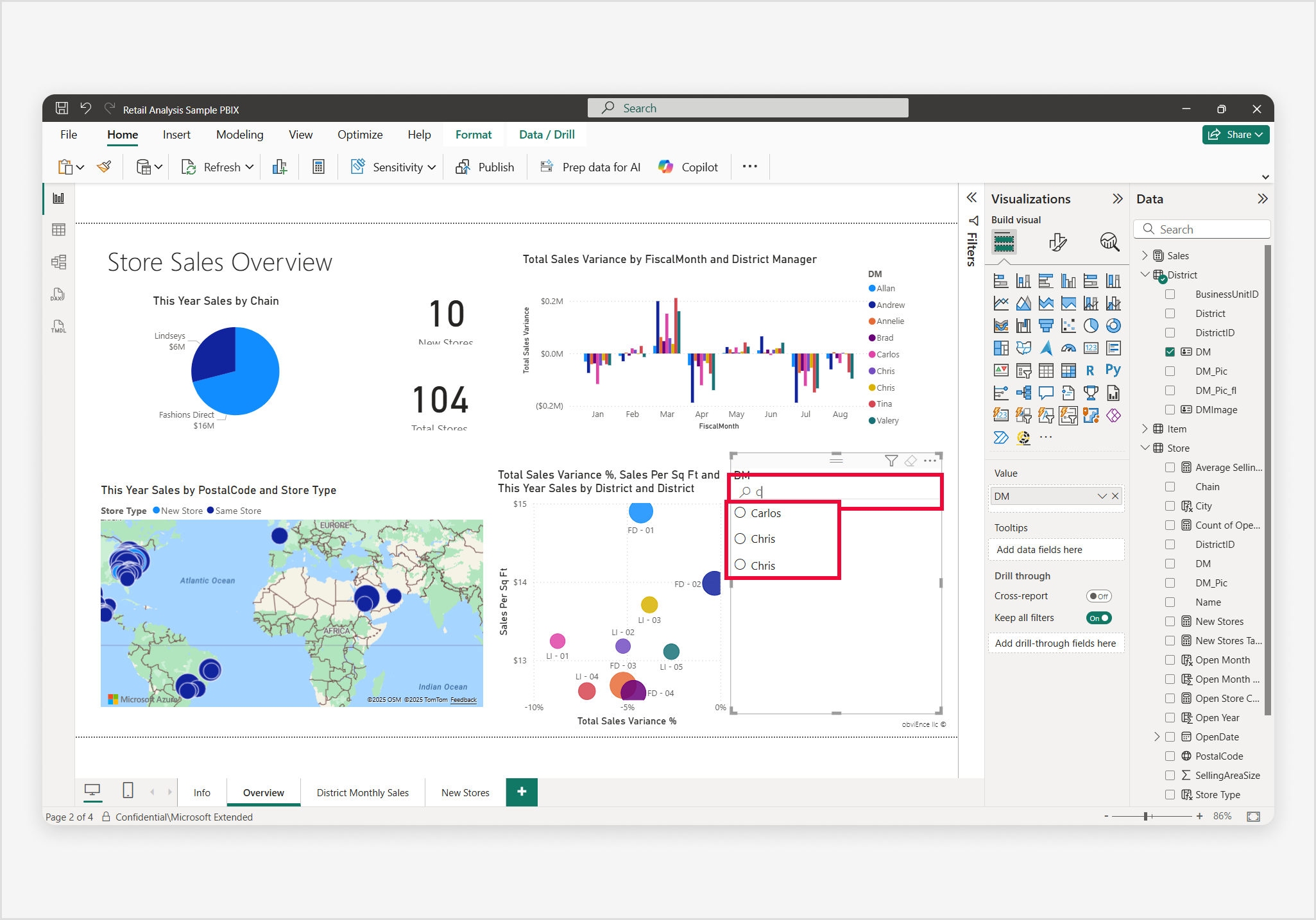 Screenshot of list slicer search bar with letter C entered, filtering results to show District Managers with names containing C.