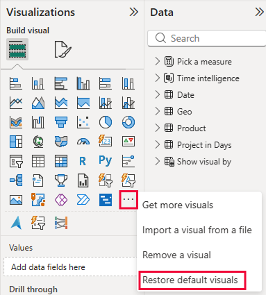 Screenshot of option to restore the visualizations pane to default.