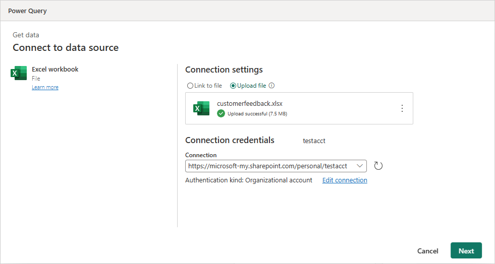 Screenshot of window to connect to excel file via upload.