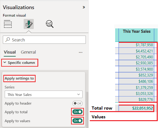 Screenshot of how to set the Apply settings options to use the formatting changes on the column header, the total row, and all values.