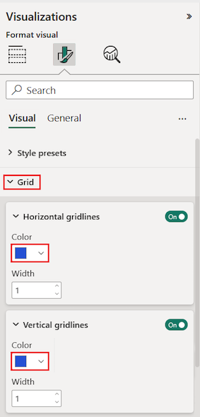 Screenshot of table grid options in the Format section of the Visualizations pane.