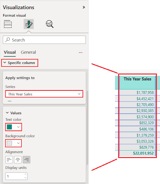 Screenshot of how to select a specific column to update the formatting options.