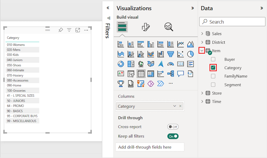 Screenshot of the Category checkbox selected and the default table visual created by Power BI.