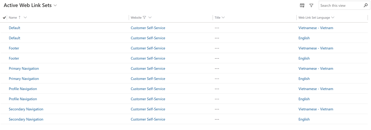 Screenshot of page showing active web link sets for new language