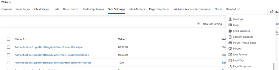 Screenshot of option Related drop down with Content snippets option highlighted