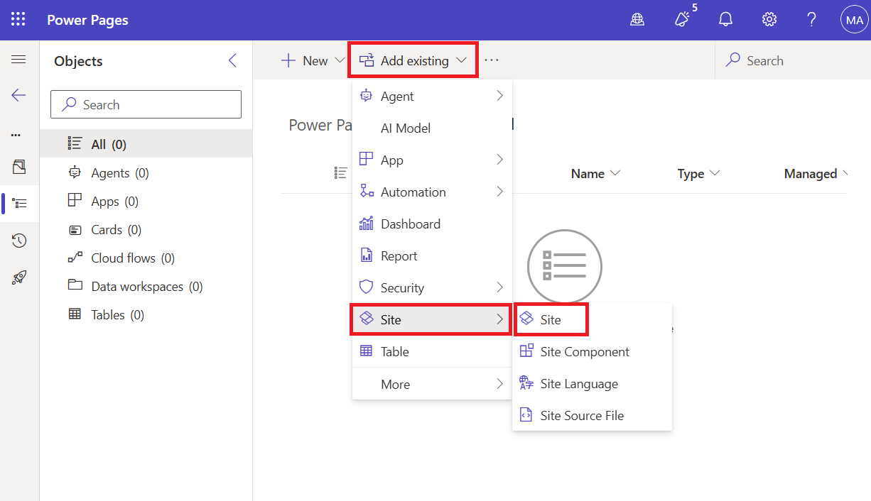 Screenshot that shows the Site command on the Add existing menu.