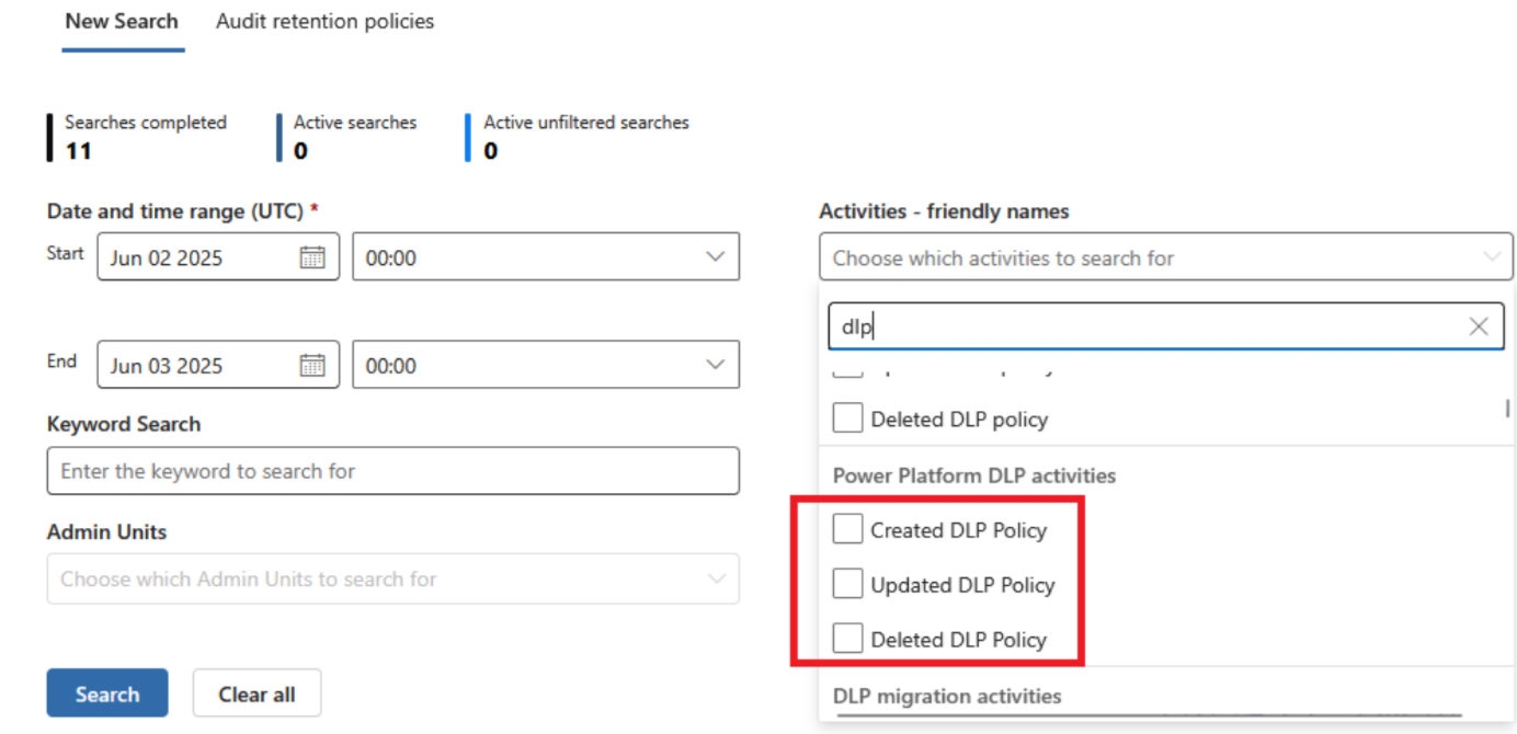Screenshot of the Microsoft Purview audit search page showing the Activities dropdown open, showing the three deprecated Power Platform DLP activity names: Created, Updated, and Deleted DLP Policy.