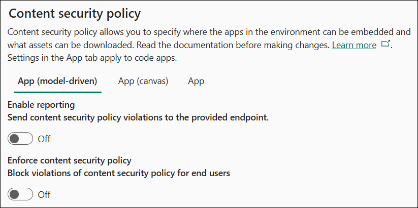 Content security policy default settings.