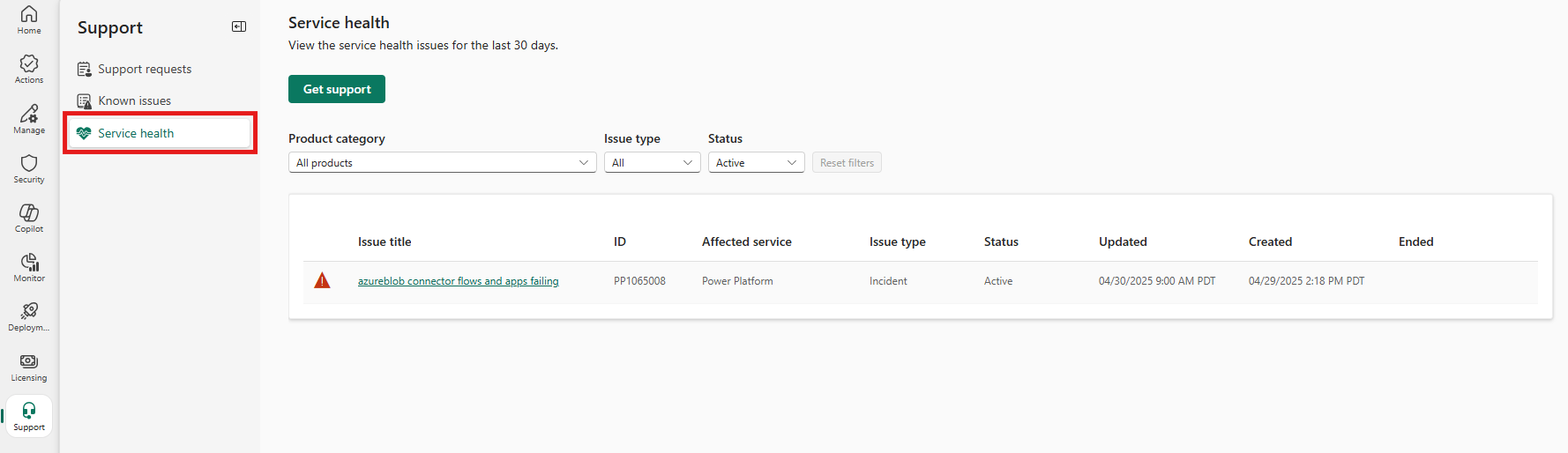 The screenshot shows the Service Health dashboard in Support
