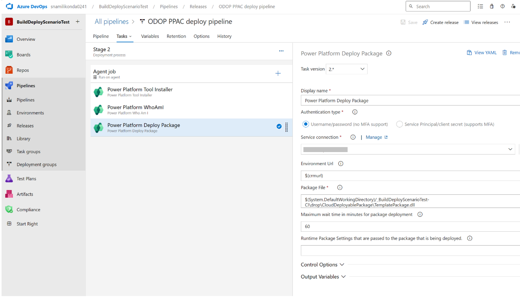 Image of Power Platform Deploy Package task settings.