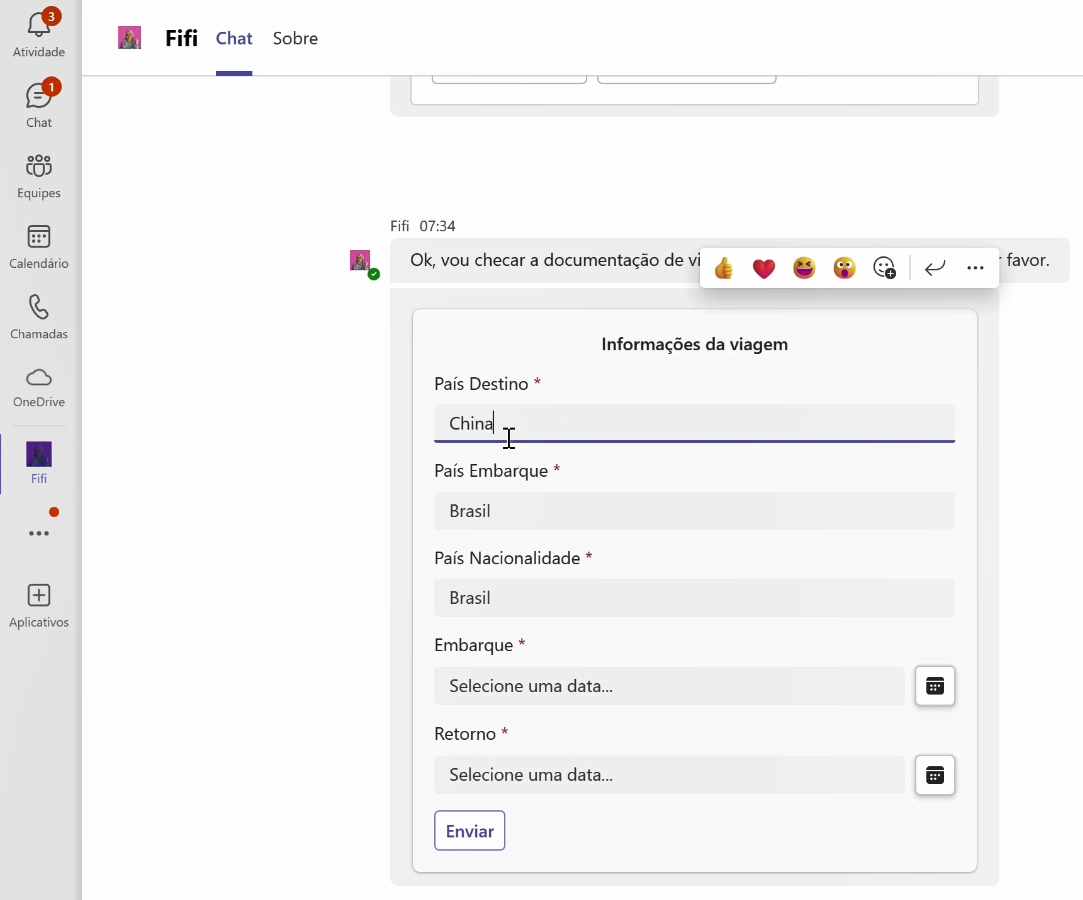 Screenshot that shows the Fifi bot embedded in Teams.