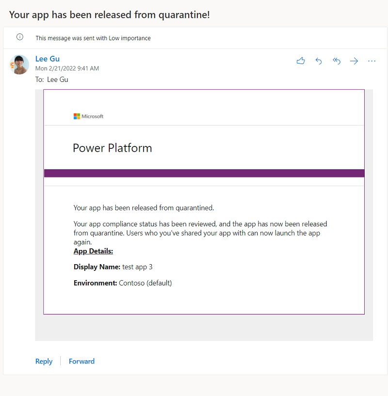 Example  notification to inform a maker that their app is released from quarantine.