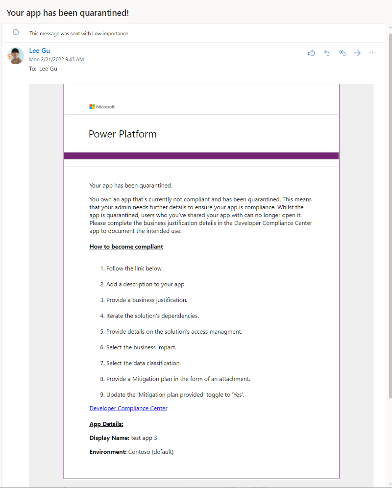 Example notification to inform a maker that their app is quarantined and what to do next.