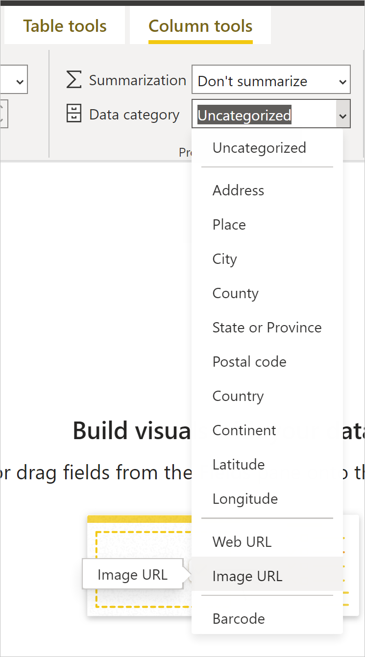 Screenshot of the Data category drop-down with Image URL emphasized.