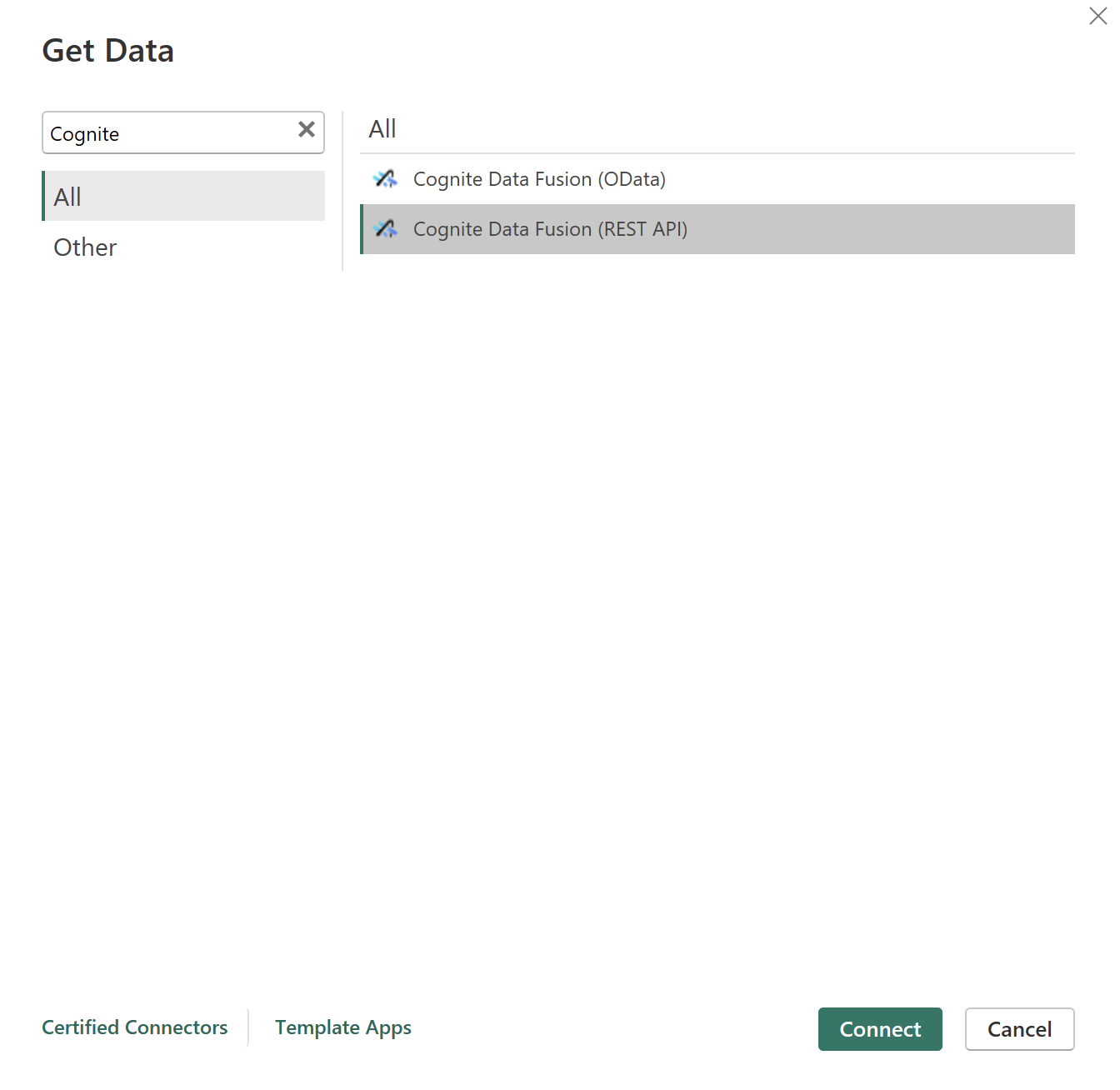 Screenshot showing how to locate the CDF REST API connector in Power BI.