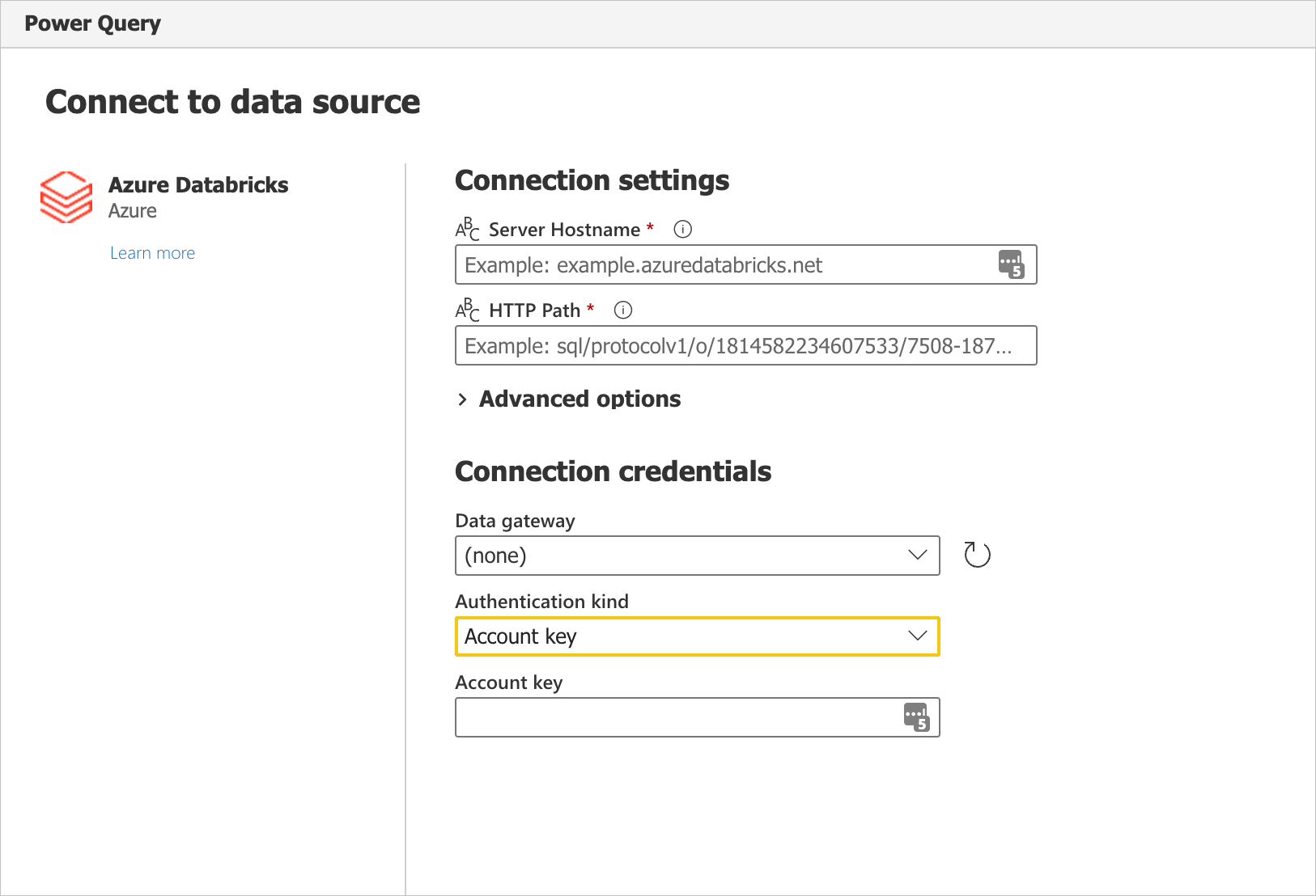 Screenshot of the connection settings and credentials for Azure Databricks.