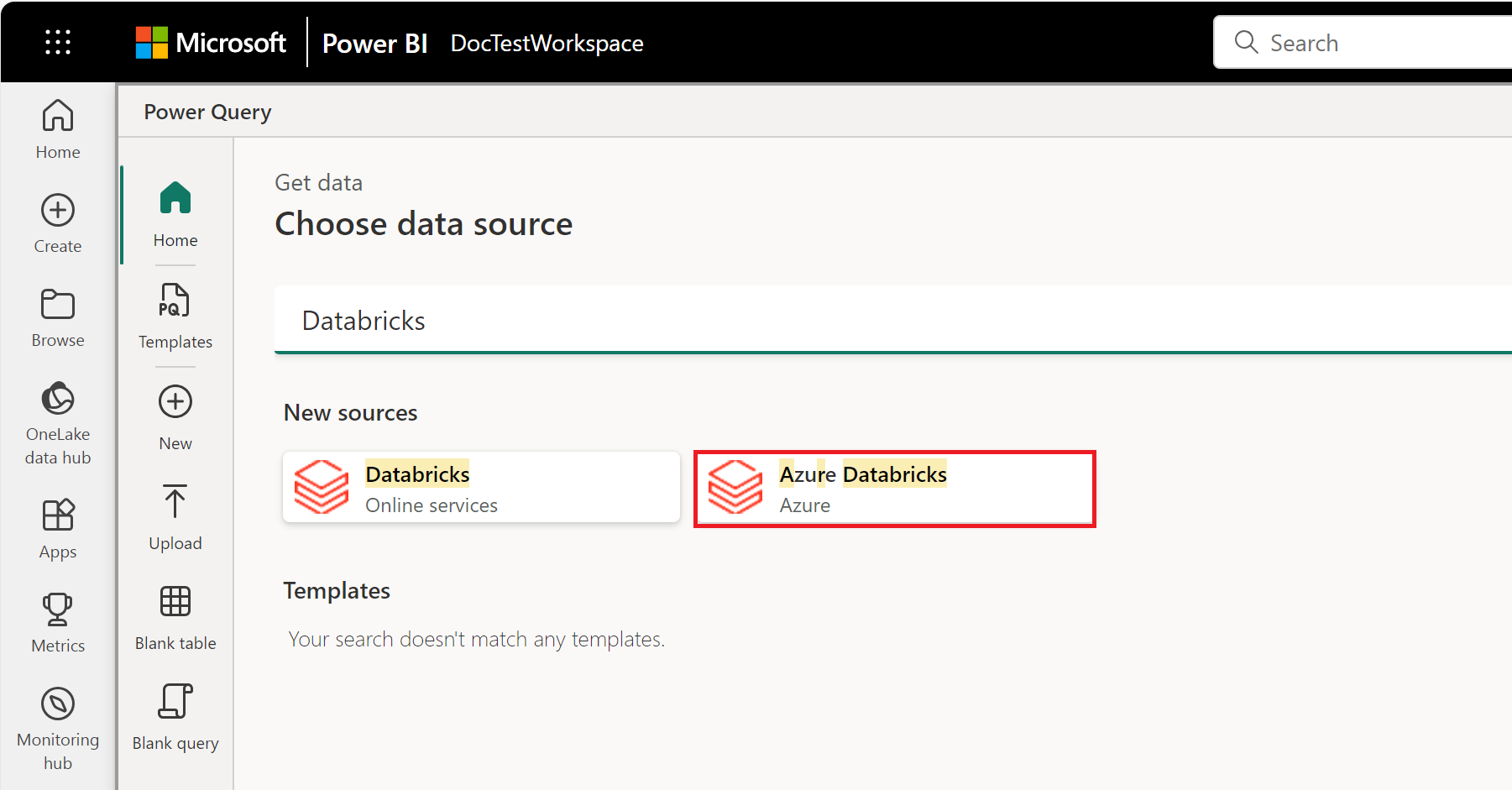 Screenshot of the Databricks connector options in Power Query.