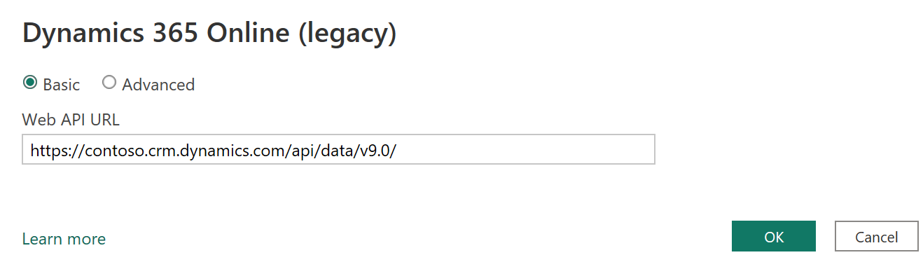Screenshot of the Dynamics 365 Online (legacy) dialog, showing an example format web api url.