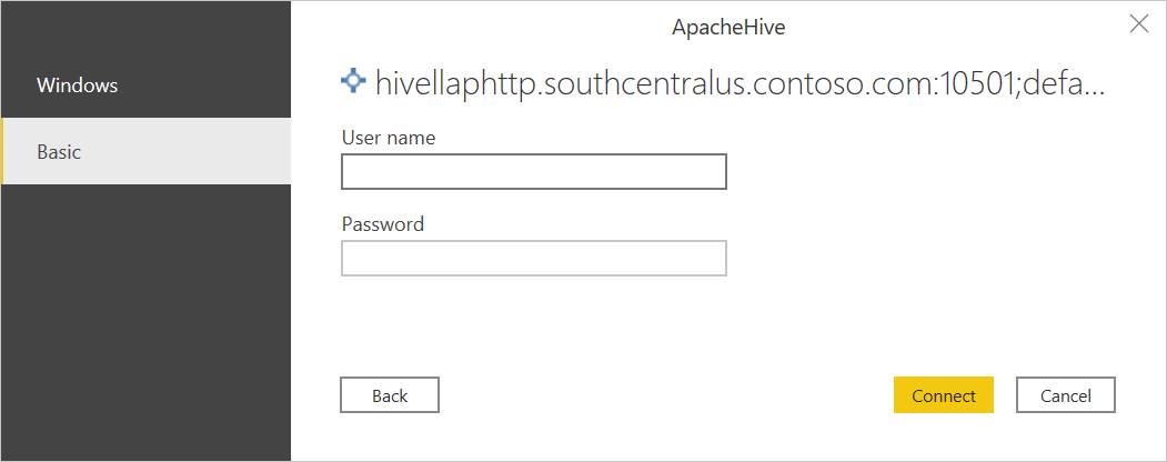 Screenshot of the Basic authentication screen for the Apache Hive LLAP connection, with username and password entries.