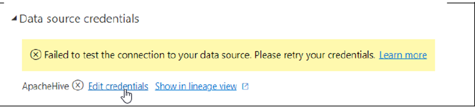Screenshot of data source credentials error.