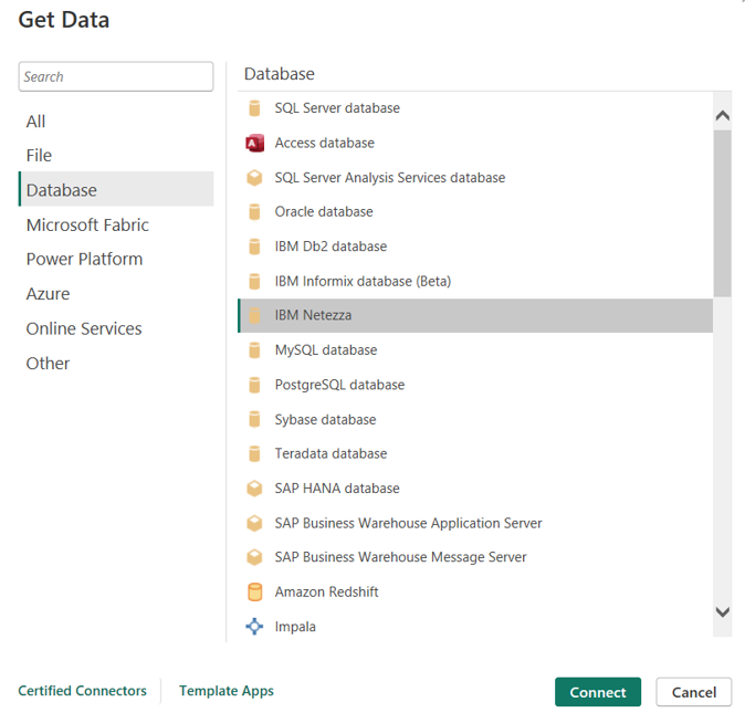 Screenshot of the Get Data dialog with the Database category and Netezza connector selected.