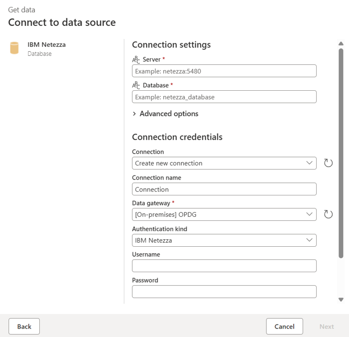 Screenshot of the connect to data source page for the Netezza database online connection.