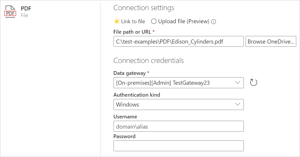 Screenshot of the connection settings page for the PDF online connection, showing the file path and connection credentials.