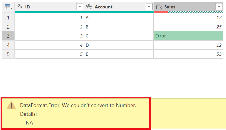 Screenshot displaying the data format error, containing the couldn't convert to data type error in the error pane.
