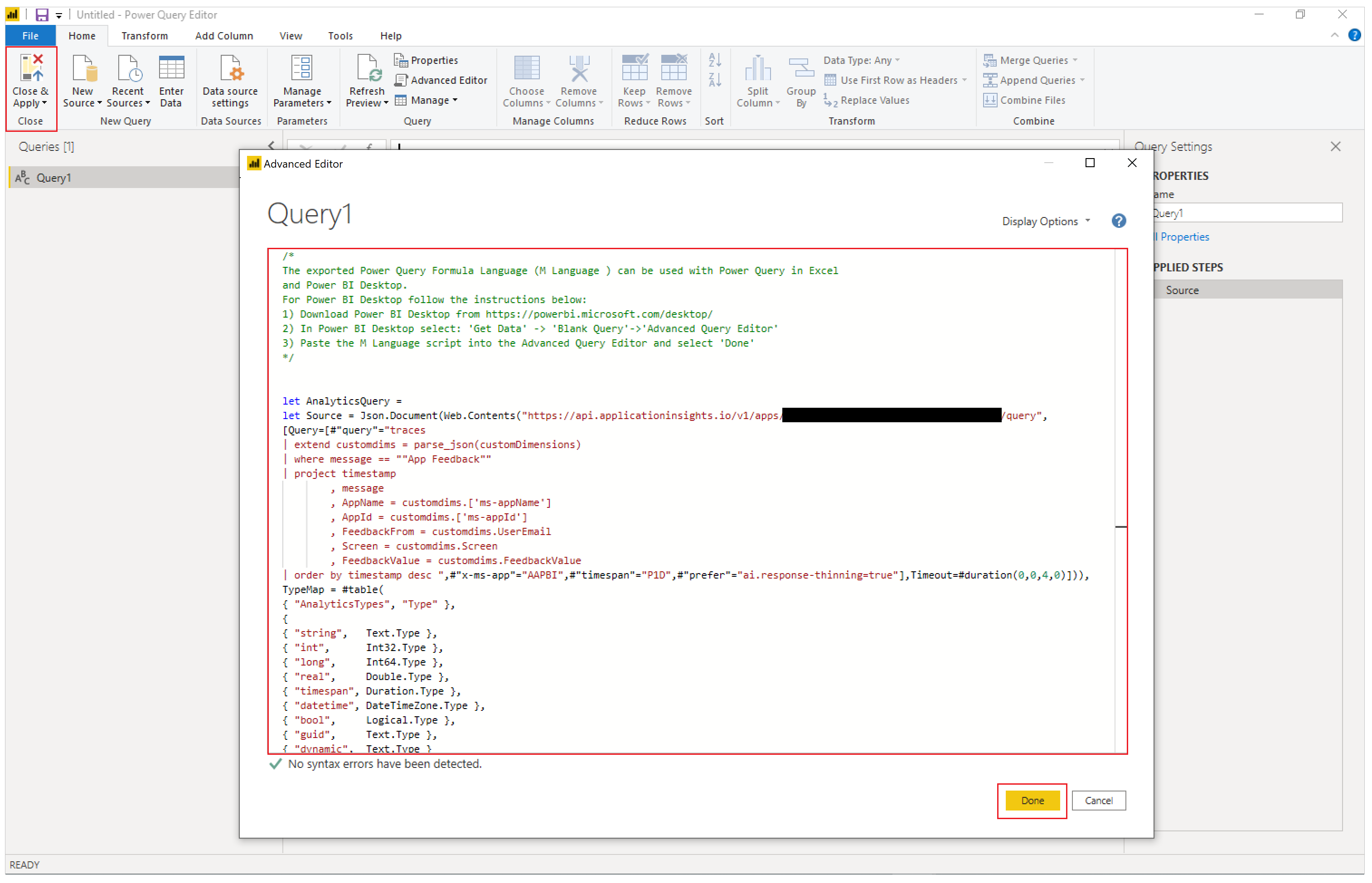 Power BI advance query Screenshot of the Advanced Editor in Power BI with a query pasted into the window.