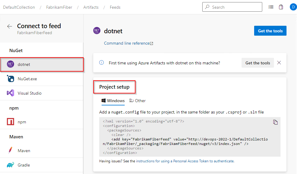 A screenshot that shows how to connect to a feed in Azure DevOps Server 2020 and 2022.