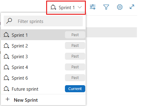 Screenshot that shows how to Choose another sprint, Azure DevOps 2019.